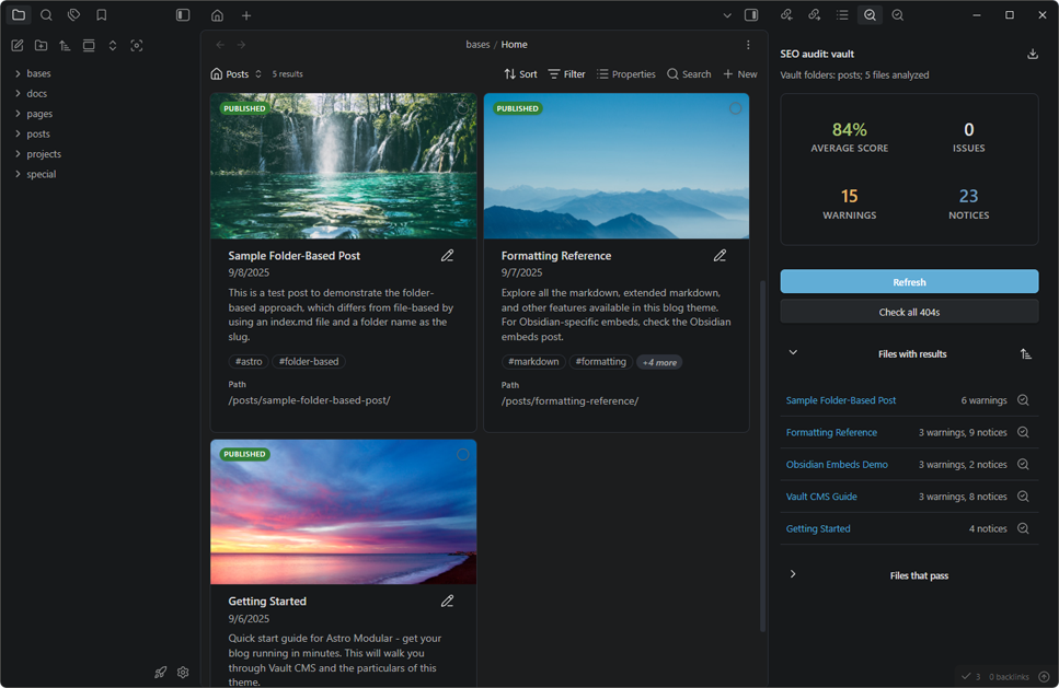 Vault CMS running inside Obsidian
