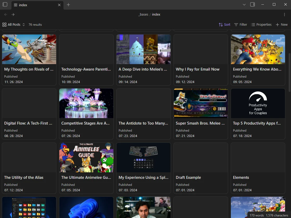 Obsidian base blog post homepage.