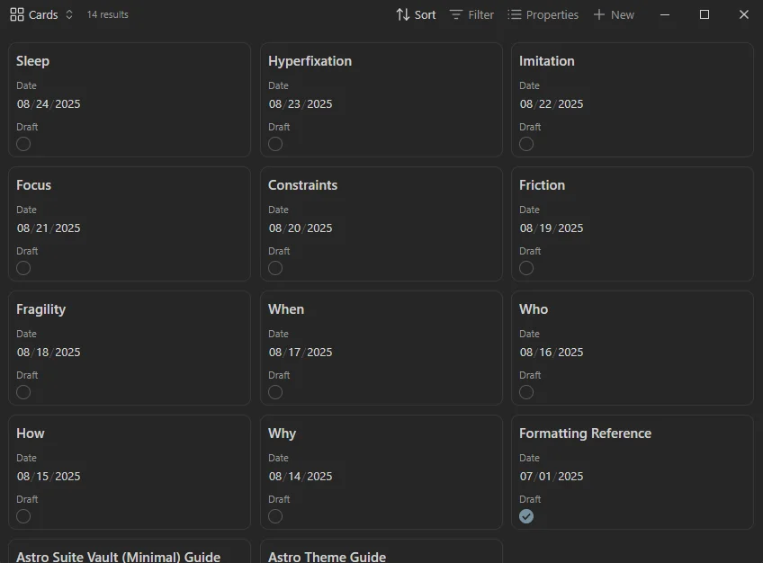 Obsidian base homepage view in the Minimal vault.