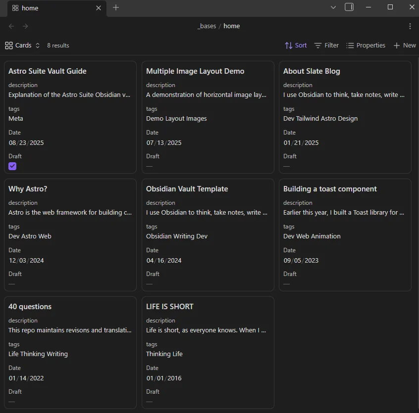 Obsidian base homepage view.
