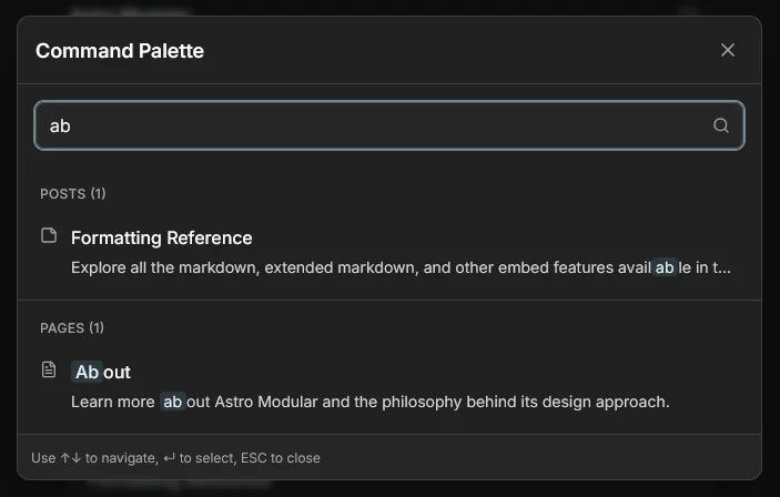 Astro Modular's command palette