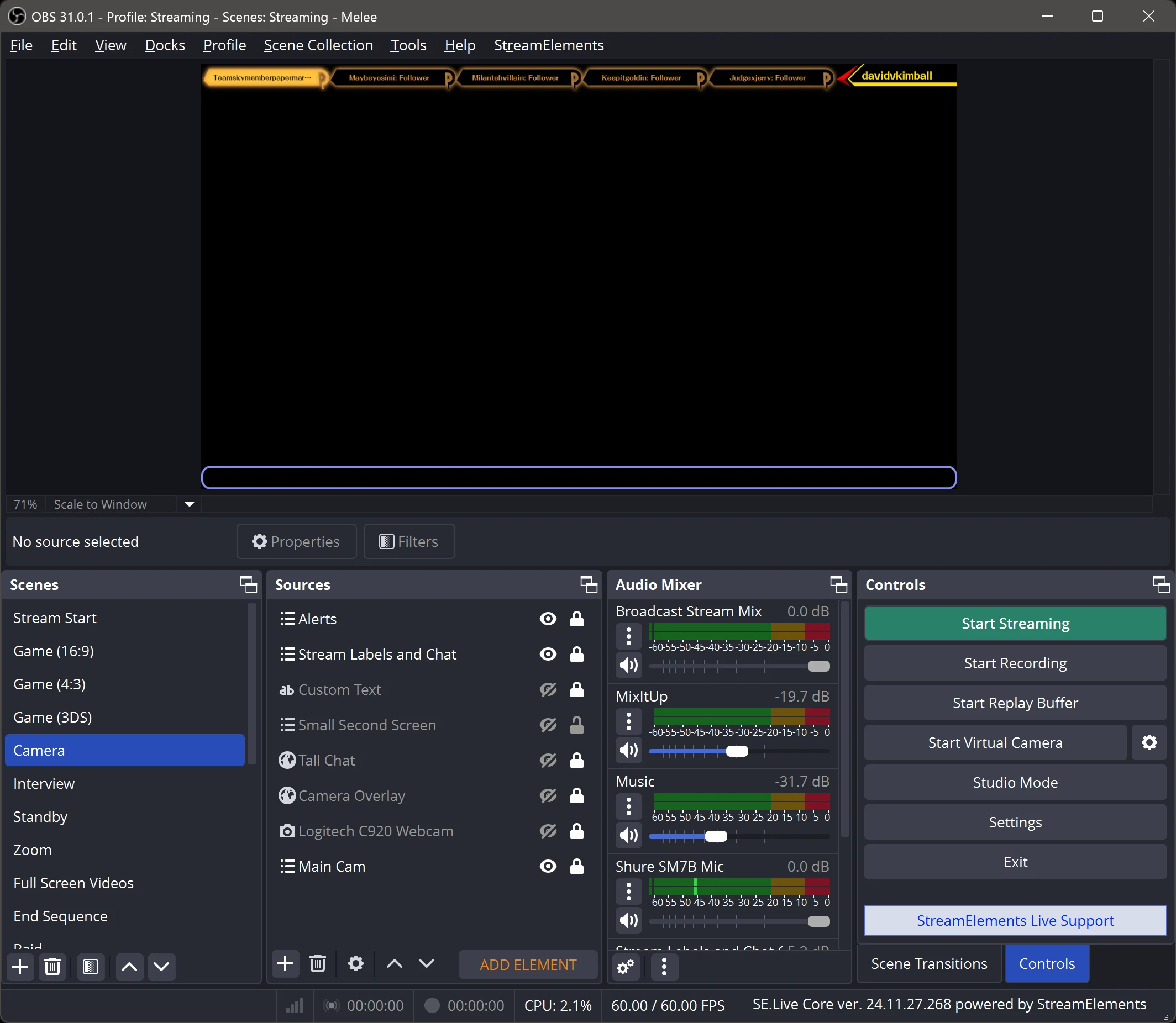 Screenshot of my instance of OBS Studio, with SE.Live plugin active and my Camera overlay scene active without the camera on.