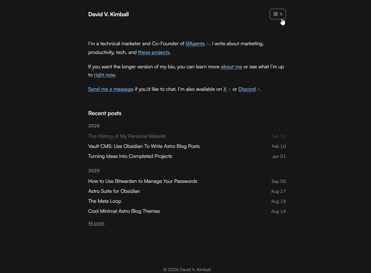 Command palette in davidvkimball.com