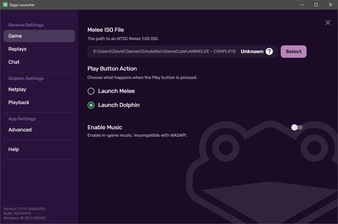 Slippi Launcher 'Unknown ISO' settings screenshot.