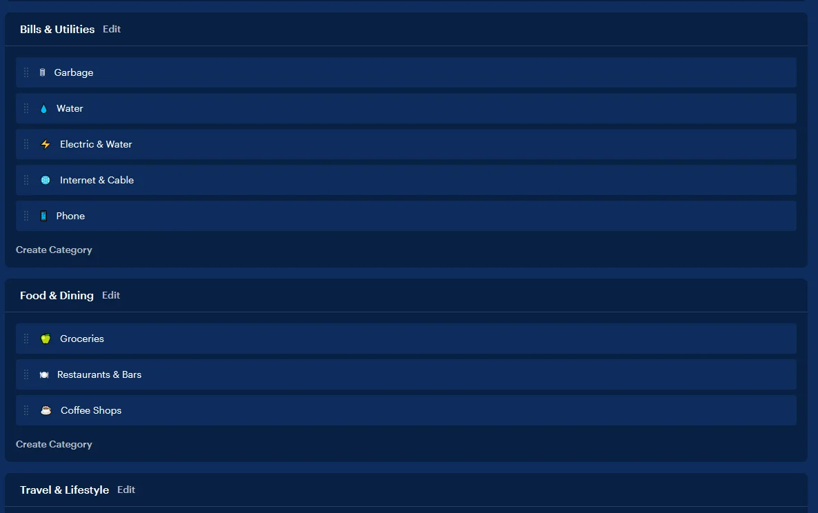 List of categories in Monarch Money.